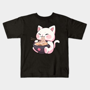 Cute Kawaii Cat eating Ramen - Anime Shirt Kids T-Shirt